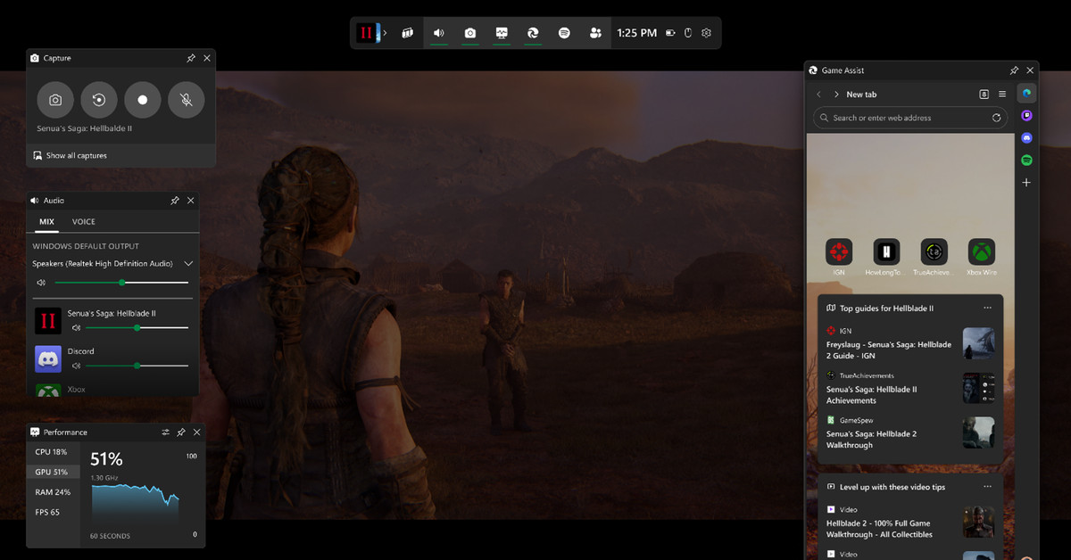 Screenshot showing the new Game Assist browser overlay as it appears on top of Hellblade II.