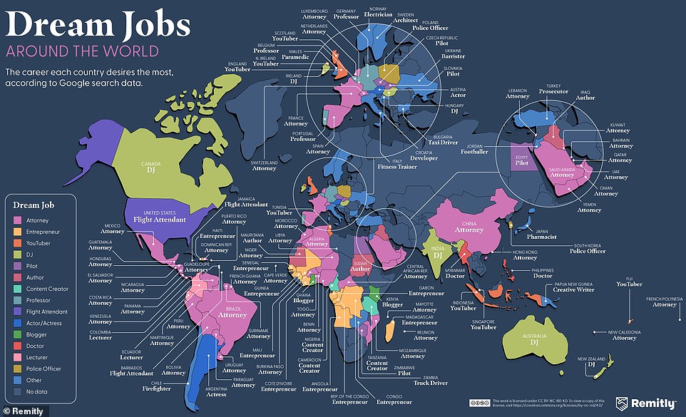 Un mapa fascinante ha revelado los trabajos más populares en todo el mundo, y ser piloto ha encabezado la clasificación como el trabajo soñado número uno del mundo en 2025.