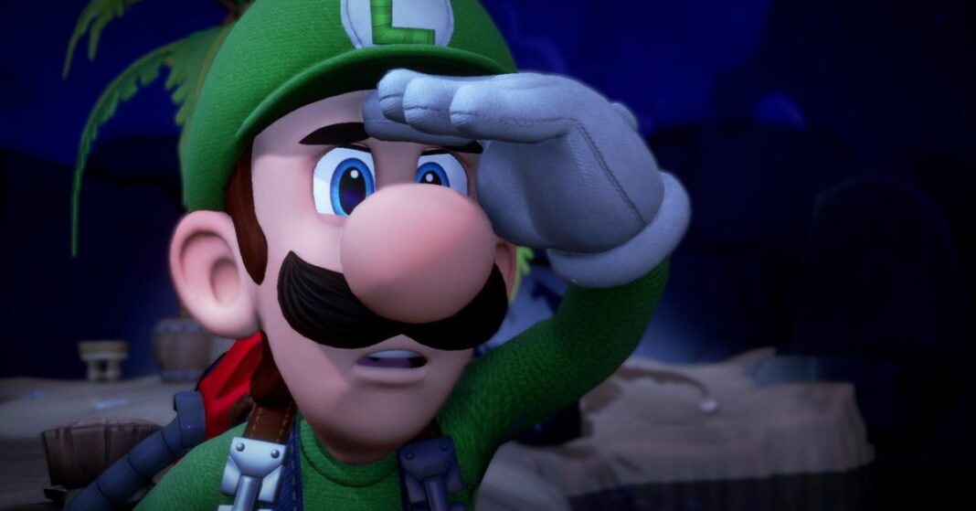 Screenshot of Luigi from Luigi’s Mansion 3 featuring a cartoonish man wearing a green hat with a big nose and mustache looking concerned.