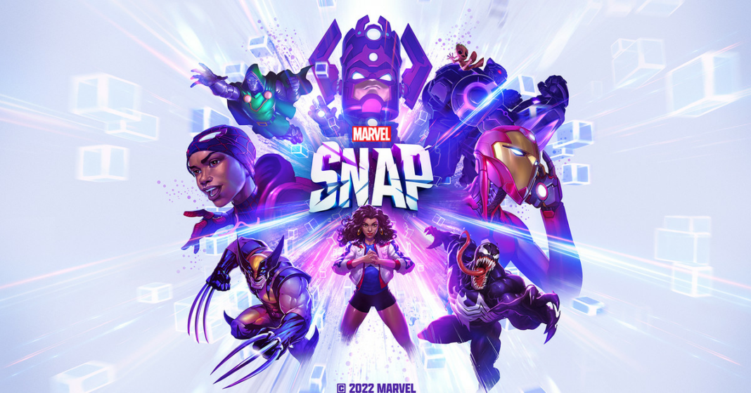 Key art from Marvel Snap featuring a collection of Marvel superheroes with America Chavez in the center of the group