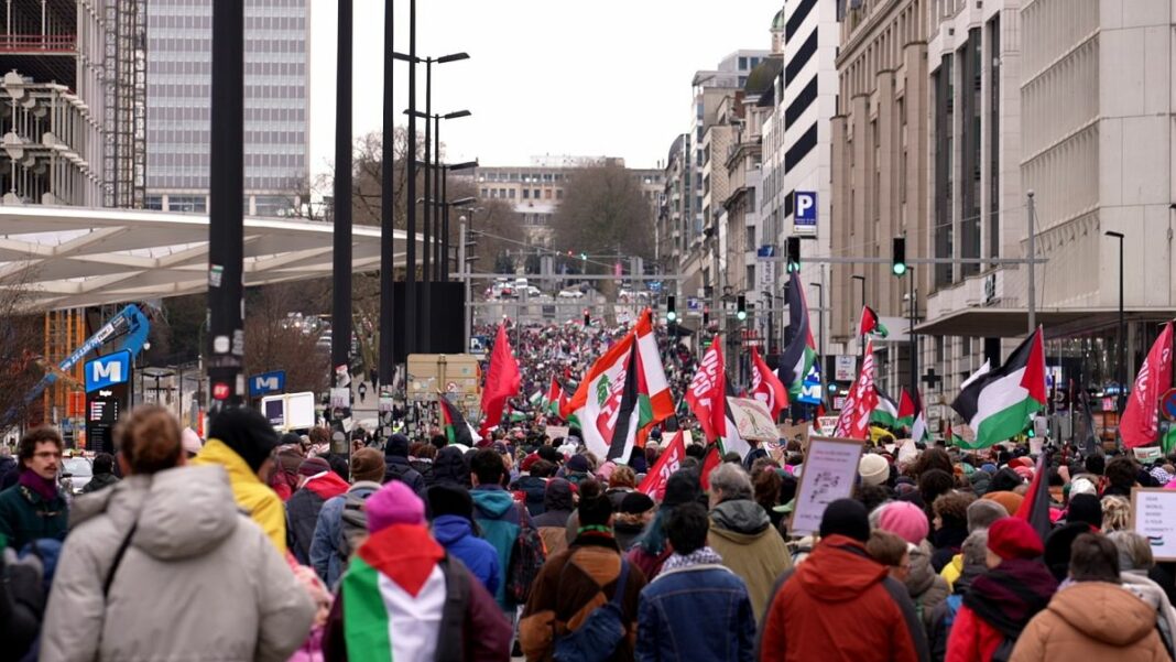 Miles de la marcha en Bruselas exigen alto el fuego permanente en Gaza
