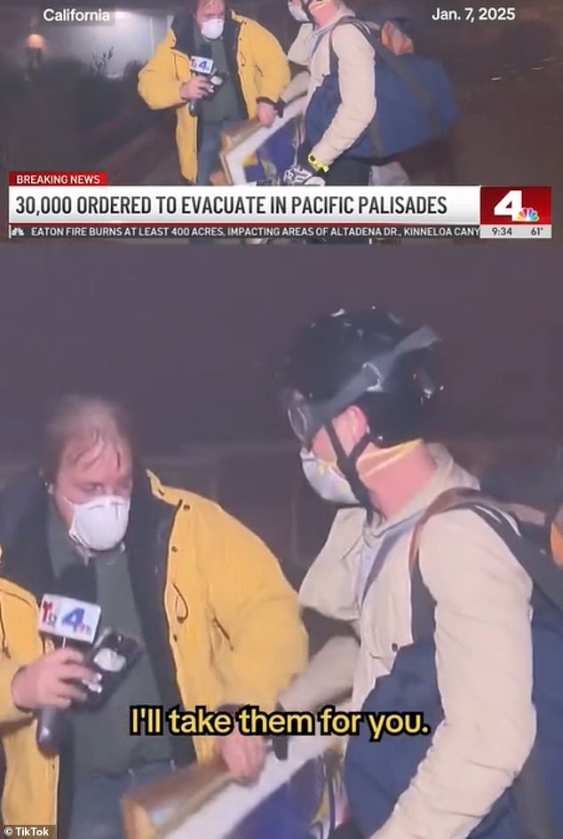 En un clip subido por NBCLA, el reportero Robert Kovacik se acerca a un hombre que intenta subirse a una bicicleta y salir de su casa en Pacific Palisades, mientras el viento azota a su alrededor con chispas volando.