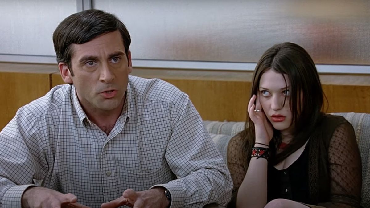 A scene of 40-Year-Old Virgin with Kat Dennings and Steve Carell.