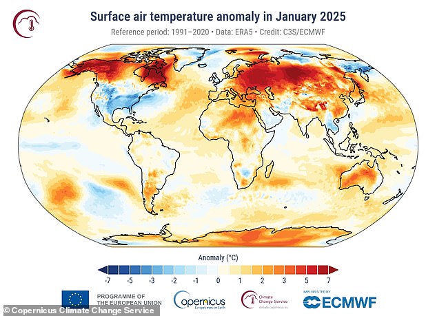 Enero de 2025 fue el más cálido enero registrado a nivel mundial, con una temperatura promedio de aire superficial de 55.81 ° F (13.23 ° C). Este mapa muestra dónde la Tierra sufrió extremos en términos de calor el mes pasado, en comparación con el período de referencia de 1991-2020