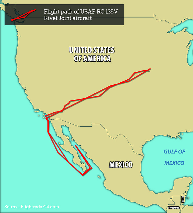 Un avión espía estadounidense dejó su base de operaciones en Nebraska el lunes, voló hacia el suroeste a California y luego se dirigió hacia el sur a lo largo de la costa occidental de la península de Baja California antes de moverse hacia el norte hacia el Golfo de California. La misión se extendió hasta el martes, y su propósito aún no está claro.