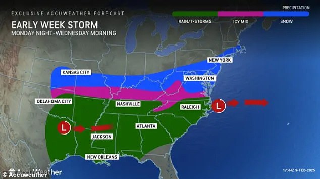 Se espera que la primera de las tres tormentas de invierno esta semana afecte a millones en los estados de la costa del Golfo el lunes por la noche al martes.