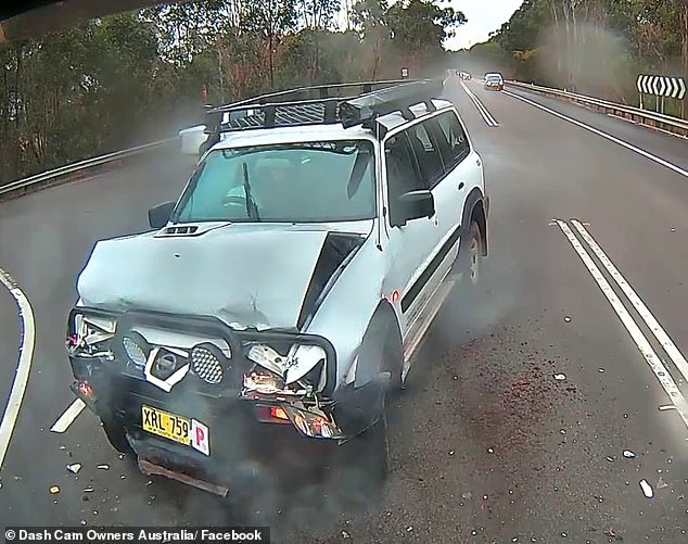 La colisión fue absorbida por el auto grande y el bulbar de la mujer en la parte delantera, con el airbag en el lado del conductor activando casi de inmediato (en la foto)