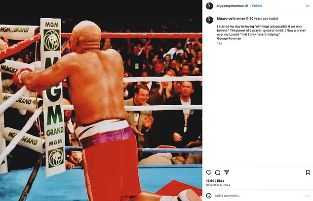 La última publicación de George Foreman en Instagram marcó el 30 aniversario de su victoria de regreso contra Michael Moorer