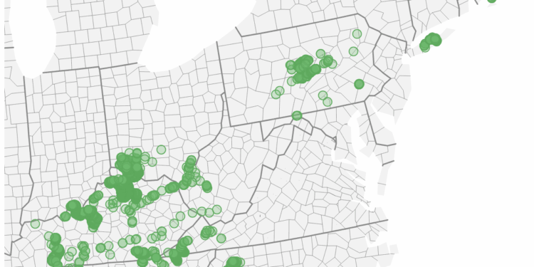 Mapa de los condados estadounidenses que muestran dónde surgirá la cría XIV en 2025.