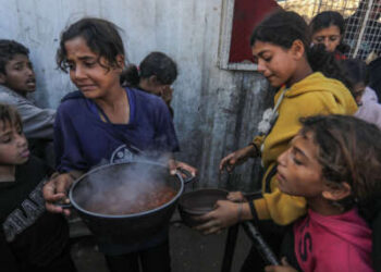 Los palestinos reciben comidas del Programa Mundial de Alimentos y la Agencia de Alivio y Obras de las Naciones Unidas para los Refugiados Palestina en el Cercano Oriente (UNRWA) en Khan Younis el 16 de noviembre de 2024.