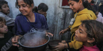 Los palestinos reciben comidas del Programa Mundial de Alimentos y la Agencia de Alivio y Obras de las Naciones Unidas para los Refugiados Palestina en el Cercano Oriente (UNRWA) en Khan Younis el 16 de noviembre de 2024.