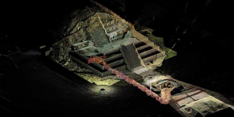 Escaneo 3D de un túnel que conduce a posibles tumbas reales debajo del templo Quetzalcoatl en Teotihuacan.