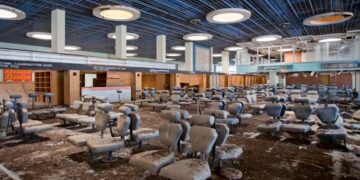 Sala de espera del aeropuerto abandonada con asientos sucios.