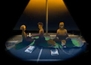 Las personas se sientan en un pequeño espacio de greens que han tallado en el estacionamiento de asfalto para escribir y comunicarse entre ellos