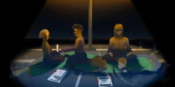 Las personas se sientan en un pequeño espacio de greens que han tallado en el estacionamiento de asfalto para escribir y comunicarse entre ellos