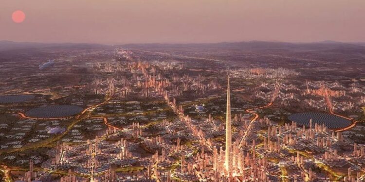 Ilustración del megaproyecto del Polo Norte en Riad, Arabia Saudita, con un rascacielos alto y una ciudad circundante.