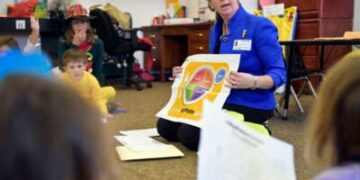 Angela Tagtow del Departamento de Agricultura de los Estados Unidos habla con preescolares sobre nutrición en Flagstaff Academy. El Distrito Escolar del Valle de St. Vrain ganó el USDA "Uno en un melón" Premio al mejor programa de la granja a la escuela en Colorado.