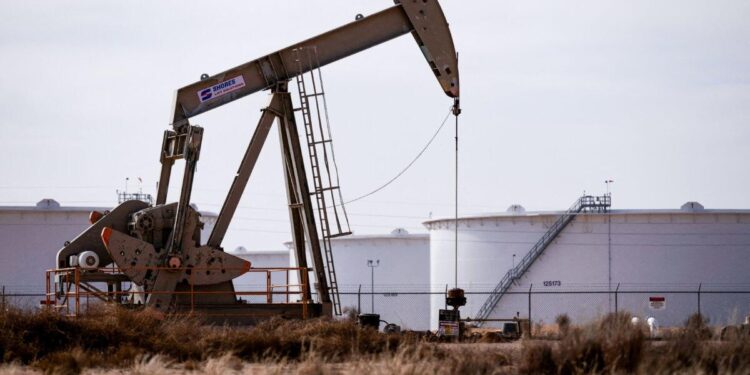 Un gato de bomba opera cerca de una reserva de petróleo crudo en el campo petrolero de la cuenca del Pérmico cerca de Midland, Texas, el 18 de febrero de 2025. (Eli Hartman/Reuters)
