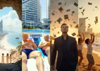 Capturas de pantalla de un video generado por IA publicado en Truth Social por el presidente Donald Trump con Benjamin Netanyahu y Elon Musk de fiesta en 'Trump Gaza'.