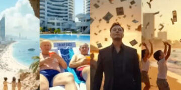 Capturas de pantalla de un video generado por IA publicado en Truth Social por el presidente Donald Trump con Benjamin Netanyahu y Elon Musk de fiesta en 'Trump Gaza'.