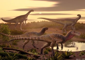 Ilustración de cuatro dinosaurios en un paisaje prehistórico.