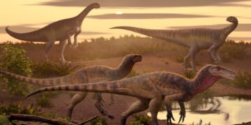 Ilustración de cuatro dinosaurios en un paisaje prehistórico.