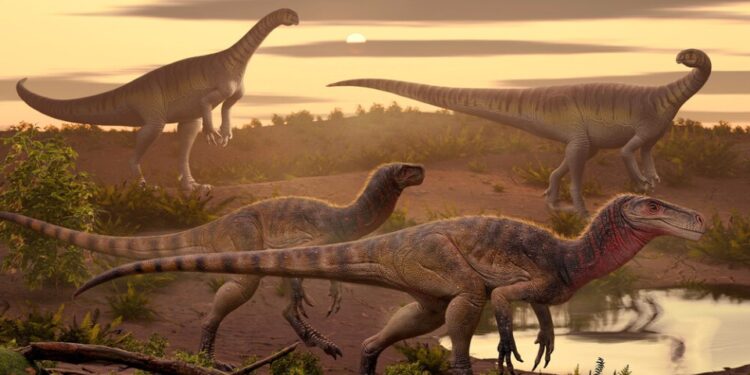 Ilustración de cuatro dinosaurios en un paisaje prehistórico.