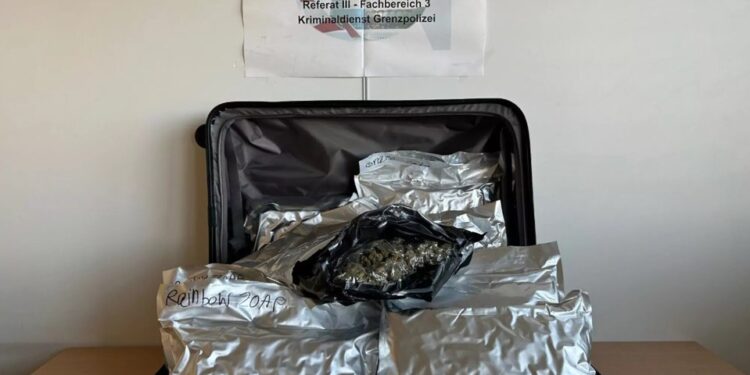 La maleta que contiene 11.3 kilogramos de cannabis incautado en un aeropuerto.