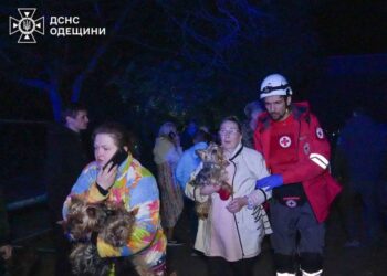 Personal de emergencia que evaciona a los residentes y sus perros de un edificio dañado.