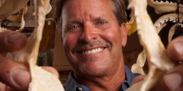 Un hombre sosteniendo una gran mandíbula de tiburones.