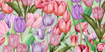 Ilustración de tulipanes rosados y morados.