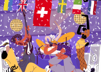 Ilustración de una banda que se presenta en el escenario con confeti y banderas que representan diferentes países.