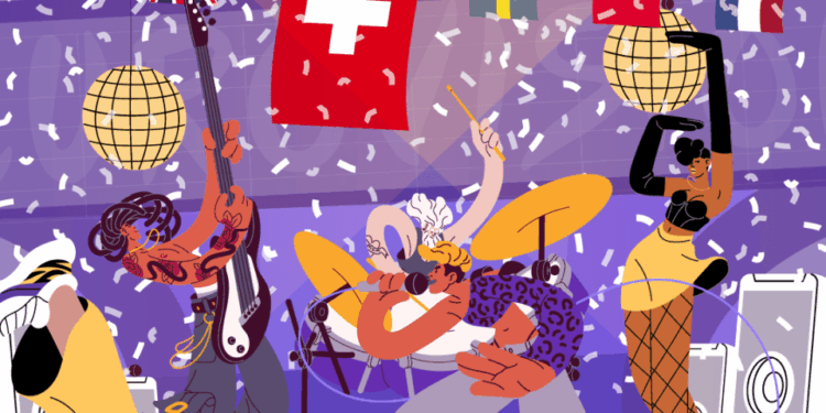 Ilustración de una banda que se presenta en el escenario con confeti y banderas que representan diferentes países.