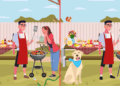 Ilustración de un rompecabezas Find-the Diferences que muestra dos escenas casi idénticas de una barbacoa familiar.