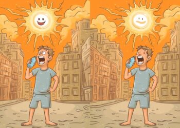 Ilustración de un rompecabezas de la diferencia: dos imágenes casi idénticas de un hombre que bebe agua en un día caluroso.