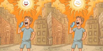 Ilustración de un rompecabezas de la diferencia: dos imágenes casi idénticas de un hombre que bebe agua en un día caluroso.