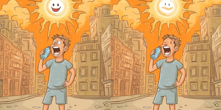 Ilustración de un rompecabezas de la diferencia: dos imágenes casi idénticas de un hombre que bebe agua en un día caluroso.
