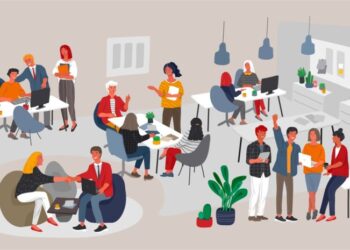 Ilustración de una oficina ocupada con muchas personas que trabajan y colaboran.