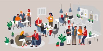 Ilustración de una oficina ocupada con muchas personas que trabajan y colaboran.