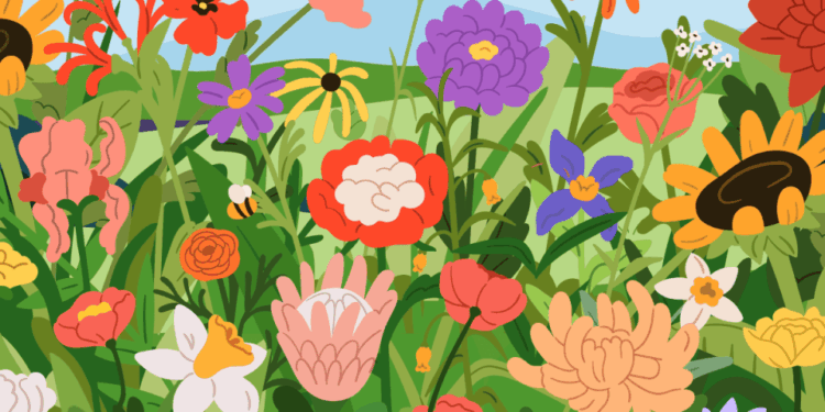Ilustración de un campo de flores coloridas con abejas.
