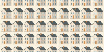 Ilustración de un patrón de casas, una de las cuales es diferente.