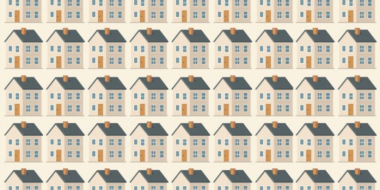 Ilustración de un patrón de casas, una de las cuales es diferente.