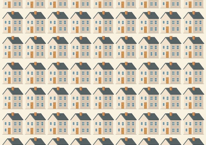 Ilustración de un patrón de casas, una de las cuales es diferente.