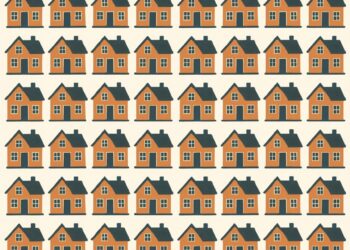 Ilustración de un patrón de casas, una de las cuales es diferente.