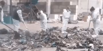 Personas en trajes protectores que limpian los escombros.