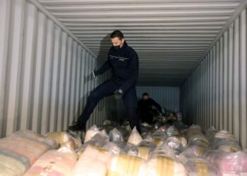 Funcionarios de aduanas que inspeccionan un contenedor de envío lleno de paquetes de cocaína incautada.