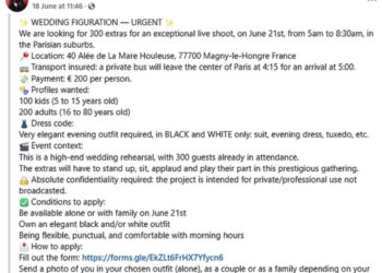 Imagen de una llamada de casting para extras para un ensayo de boda de alta gama en Francia.