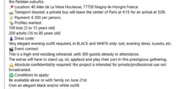 Imagen de una llamada de casting para extras para un ensayo de boda de alta gama en Francia.