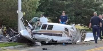 Escena del accidente aéreo con personal de emergencia.