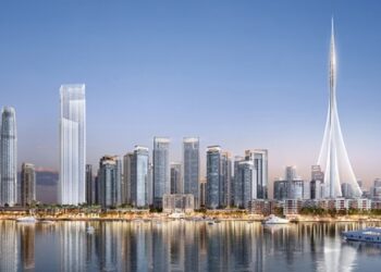 Representación del puerto de Dubai Creek con la torre en Dubai Creek.